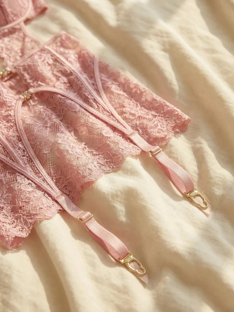 Romantic Blush Pink Lace Push-Up Bra and Garter Set