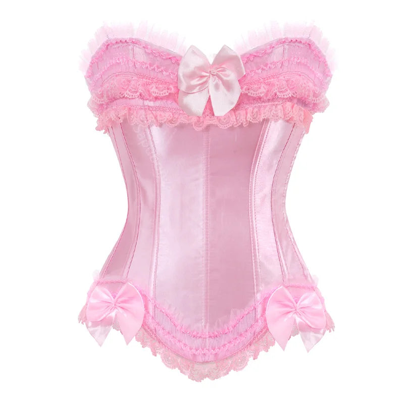 Luminous White Satin Overbust Corset with Ruffled Lace Trim and Bow Detailing