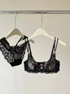 French Eyelash Lace Balconette Demi Bra and Sheer Low-Rise Hipster Panty Set