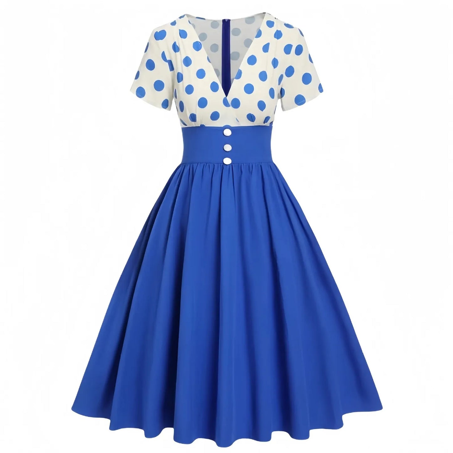 Vintage Polka Dot Contrast Bodice Rockabilly Inspired Swing Midi Dress
