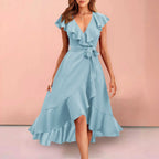 Ruffle Detail Wrap Midi Dress with Layered Contemporary Silhouette