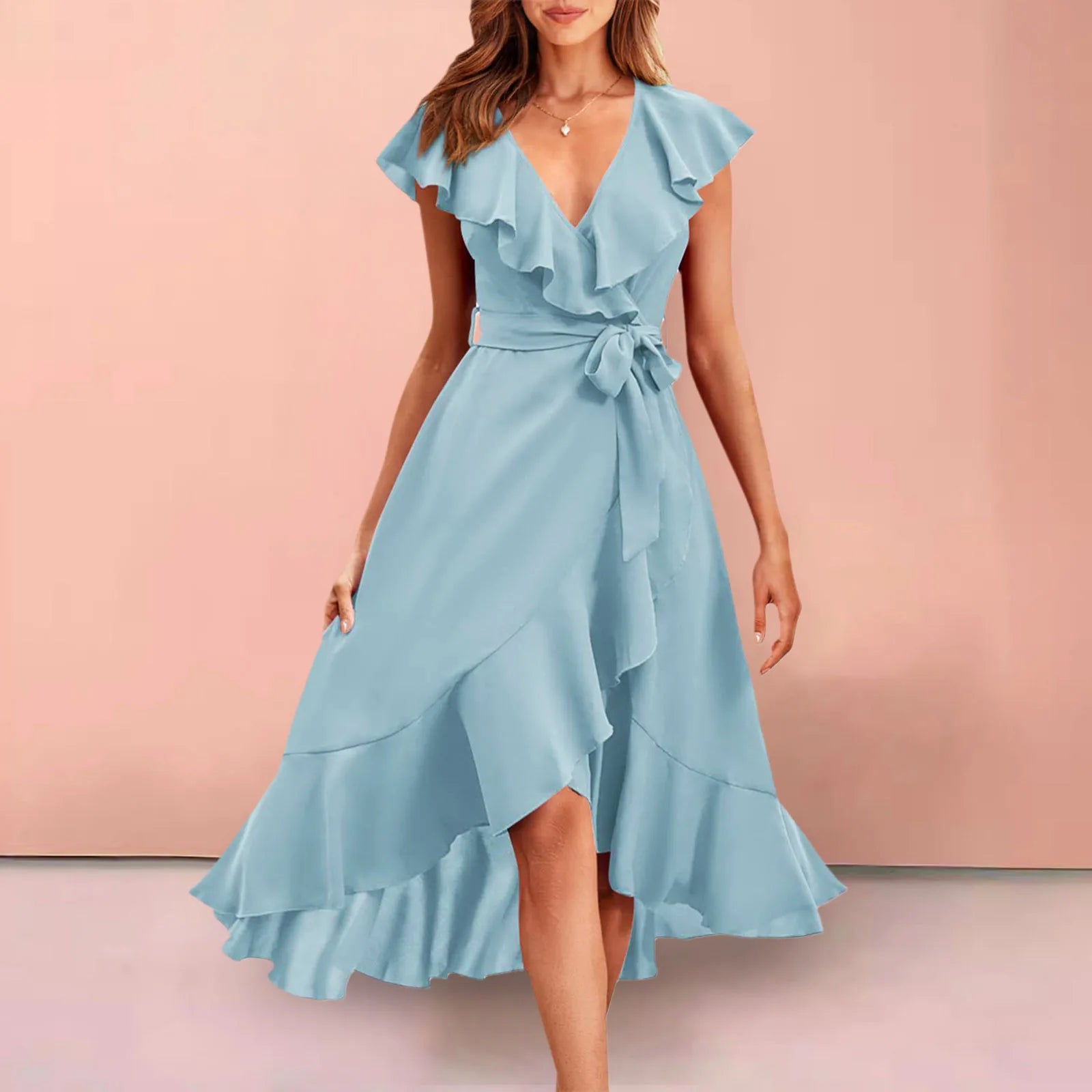 Ruffle Detail Wrap Midi Dress with Layered Contemporary Silhouette