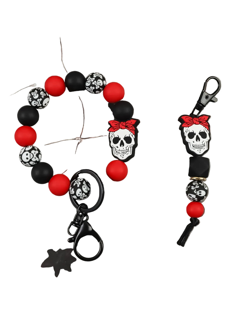 Skull Charm Beaded Keychain Bracelet Set for Gothic Alternative Styling