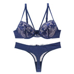 Sophisticated Navy Blue Embroidered Push-Up Bra and Thong Set with Strappy Accents