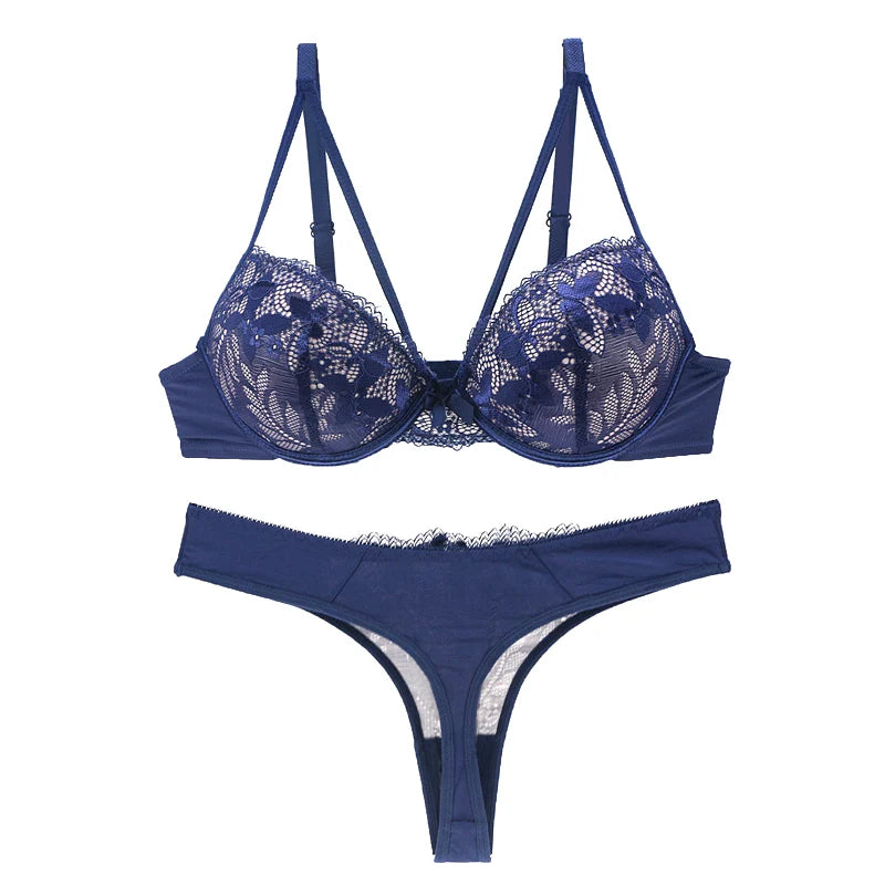 Sophisticated Navy Blue Embroidered Push-Up Bra and Thong Set with Strappy Accents