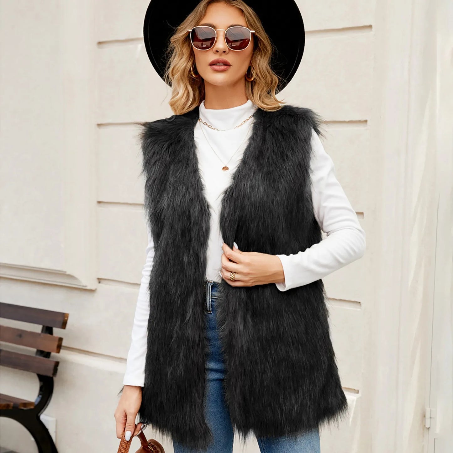 Women's Mid-Length Faux Fur Open Front Vest Cozy Casual Layering Outerwear Jacket