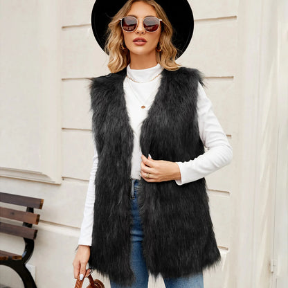 Women's Mid-Length Faux Fur Open Front Vest Cozy Casual Layering Outerwear Jacket
