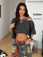 Off Shoulder Graphic Crop Tee with Relaxed Streetwear Inspired Silhouette