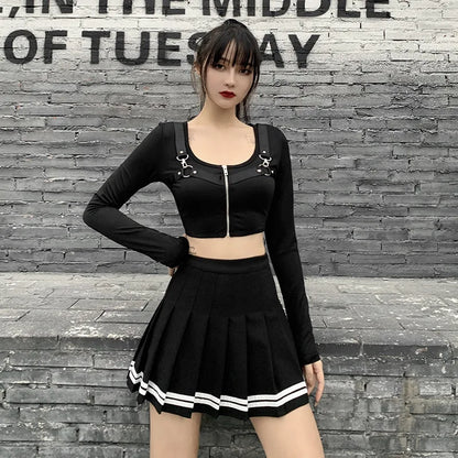 High Waist Pleated Mini Skirt Contrast Trim Alternative Fashion Bottom
