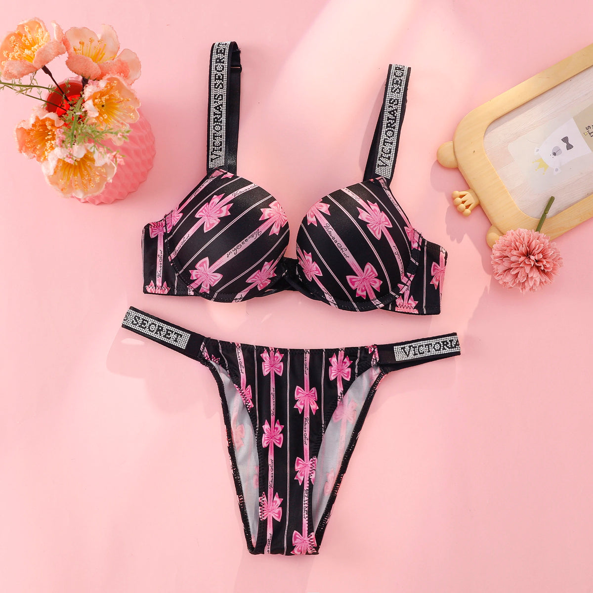 Vibrant Floral Print Smooth Contour Bra and Thong Set with Crystal Straps