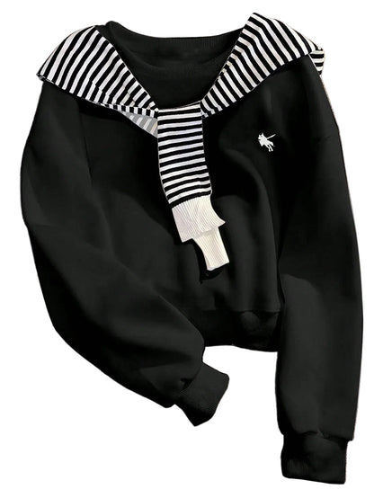 Women's Striped Collar Half-Zip Sweatshirt with Relaxed Fit for Contemporary Style