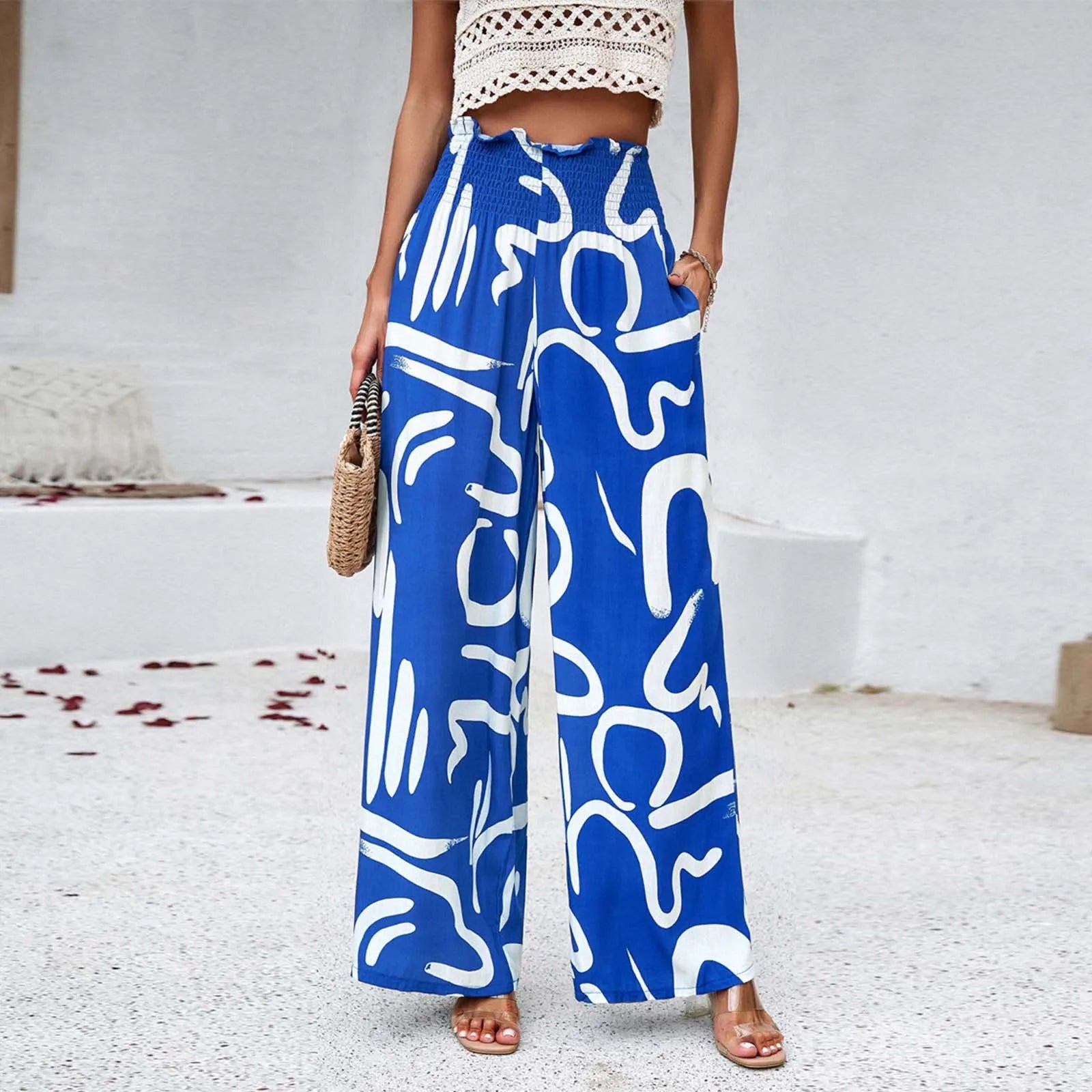 Women's High Waist Wide Leg Printed Casual Trousers with Relaxed Everyday Fit