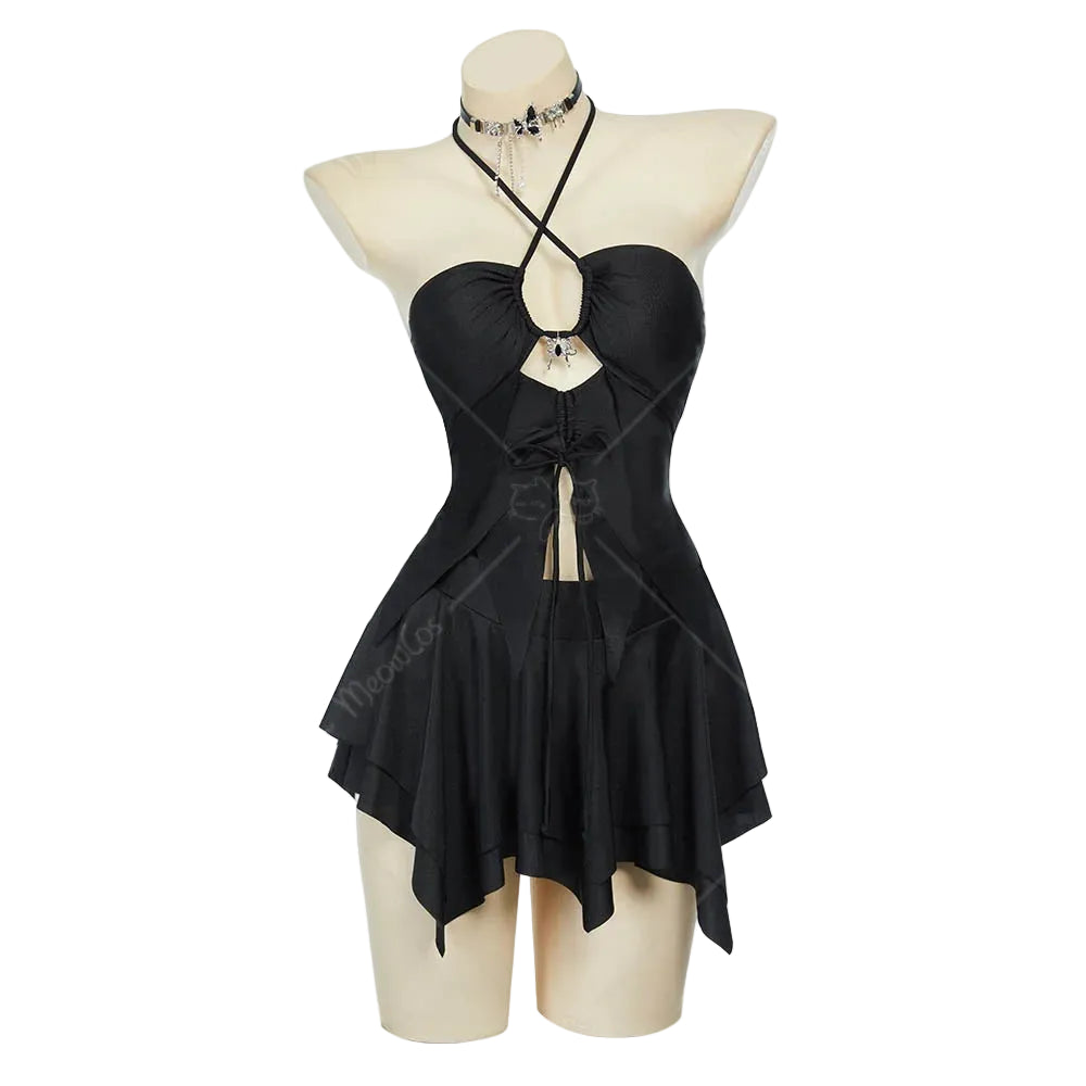 Women's Halter Cutout Two Piece Swim Set with Layered Skirt and Necklace Accessory