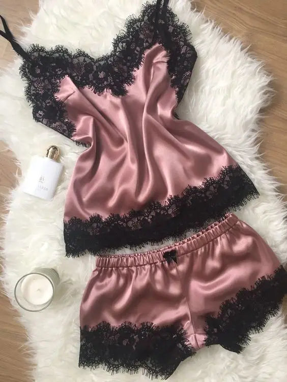 Contrasting Black Lace and Peach Satin-Finish Two-Piece Cami and Shorts Sleep Set