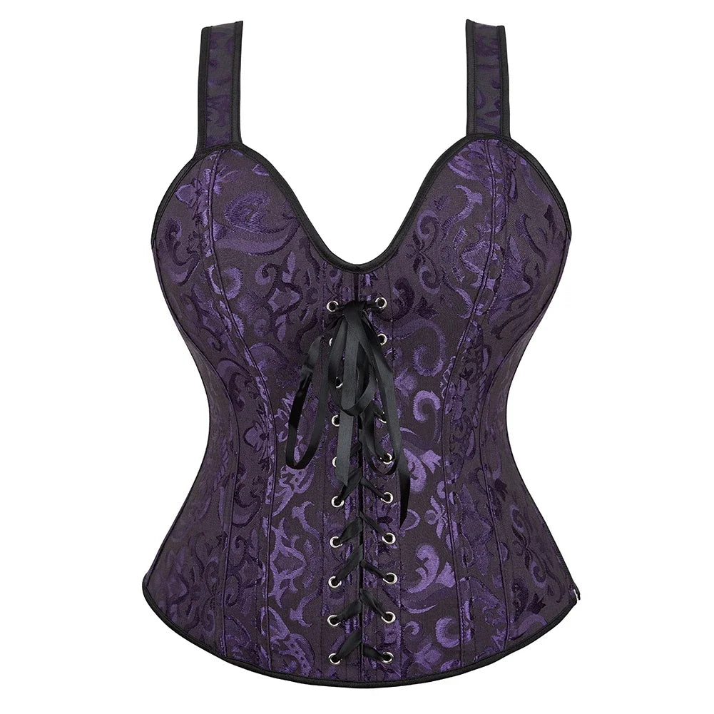 Vintage Floral Tapestry Overbust Corset with Wide Straps and Structured Seaming