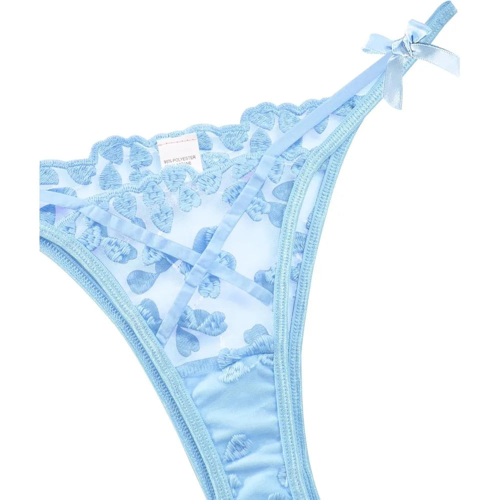 Light Blue Floral Embroidered Sheer Mesh Underwire Bra and Thong Set