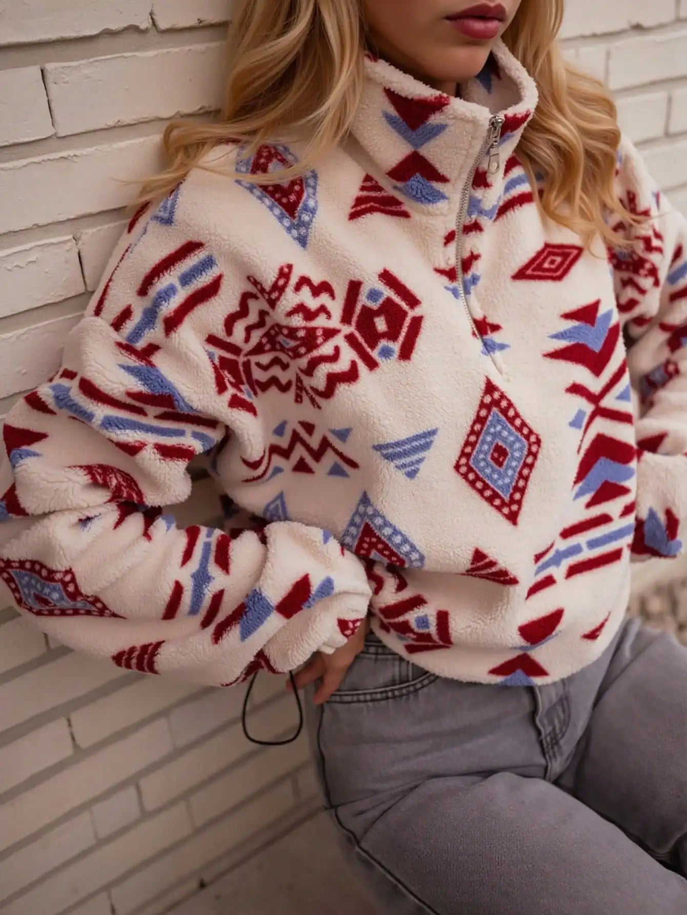 Women's Geometric Fleece Half-Zip Pullover with Relaxed Fit for Cozy Winter Style
