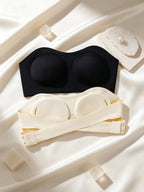 Two-Piece Seamless Strapless Bandeau Bra Set with Removable Padding