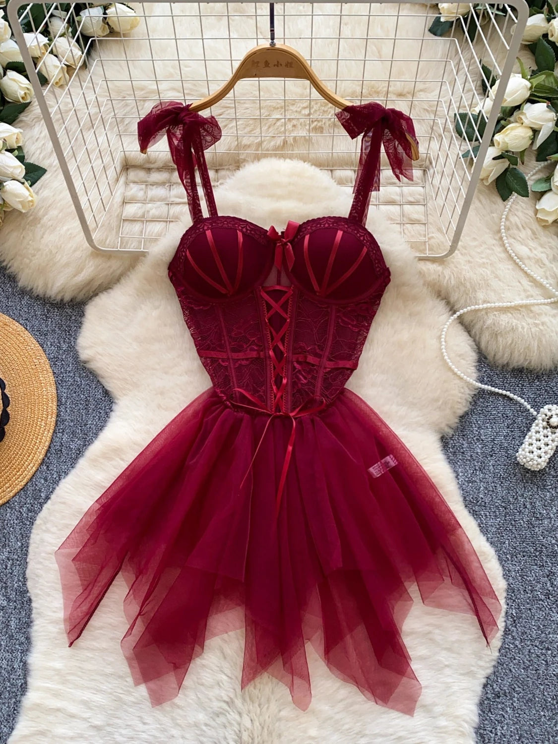 Deep Red Corset-Style Tulle Dress with Lace-Up Front and Ribbon Straps