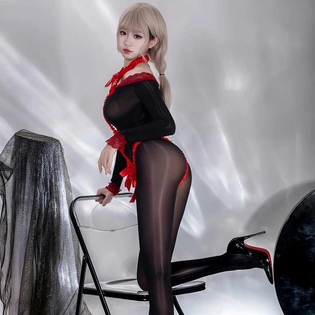 Sheer Black Long-Sleeve Bodysuit with Red Strappy Harness Detailing