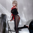 Sheer Black Long-Sleeve Bodysuit with Red Strappy Harness Detailing
