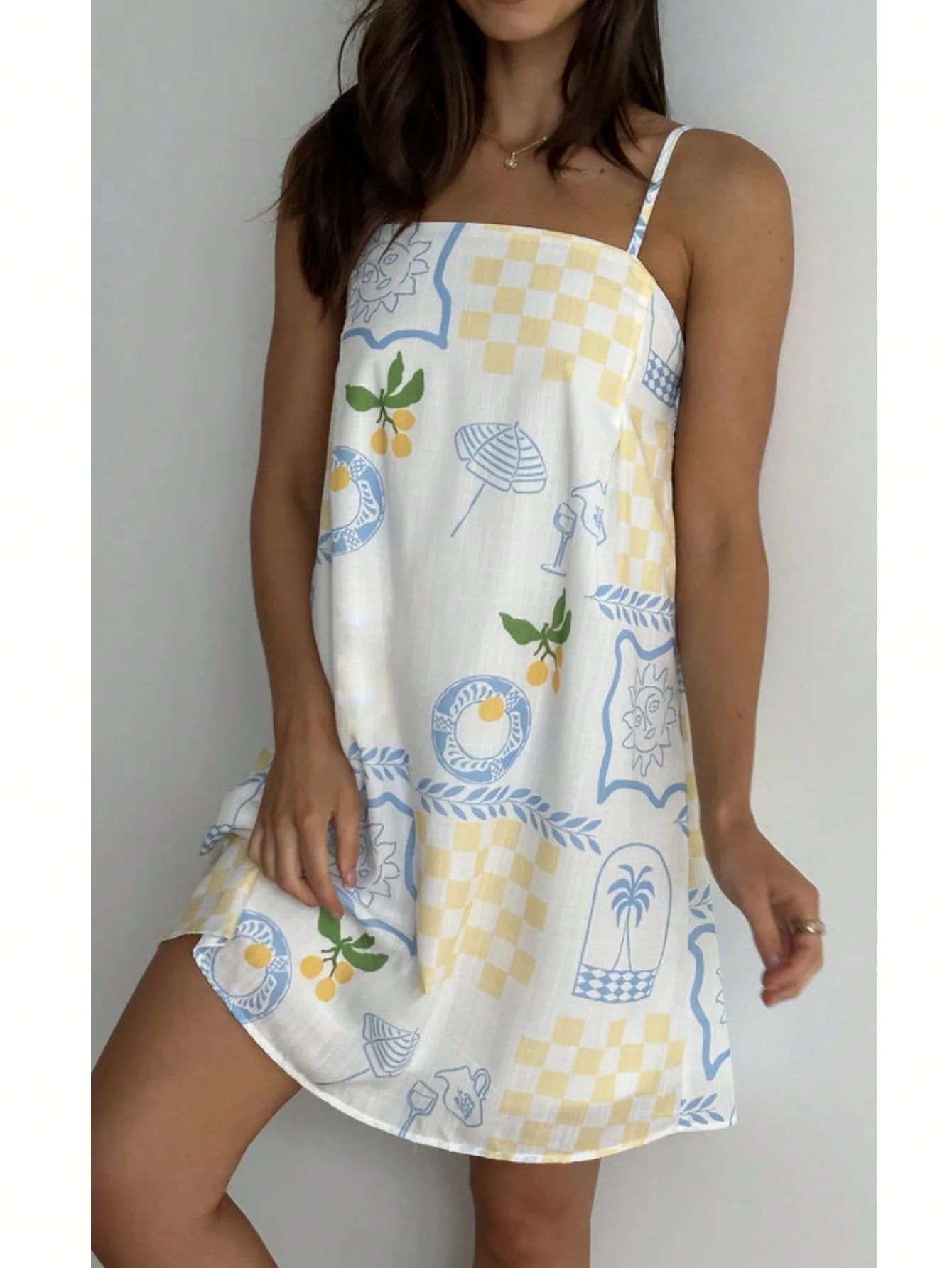 Spaghetti Strap Graphic Print A-Line Mini Dress with Relaxed Summer Silhouette