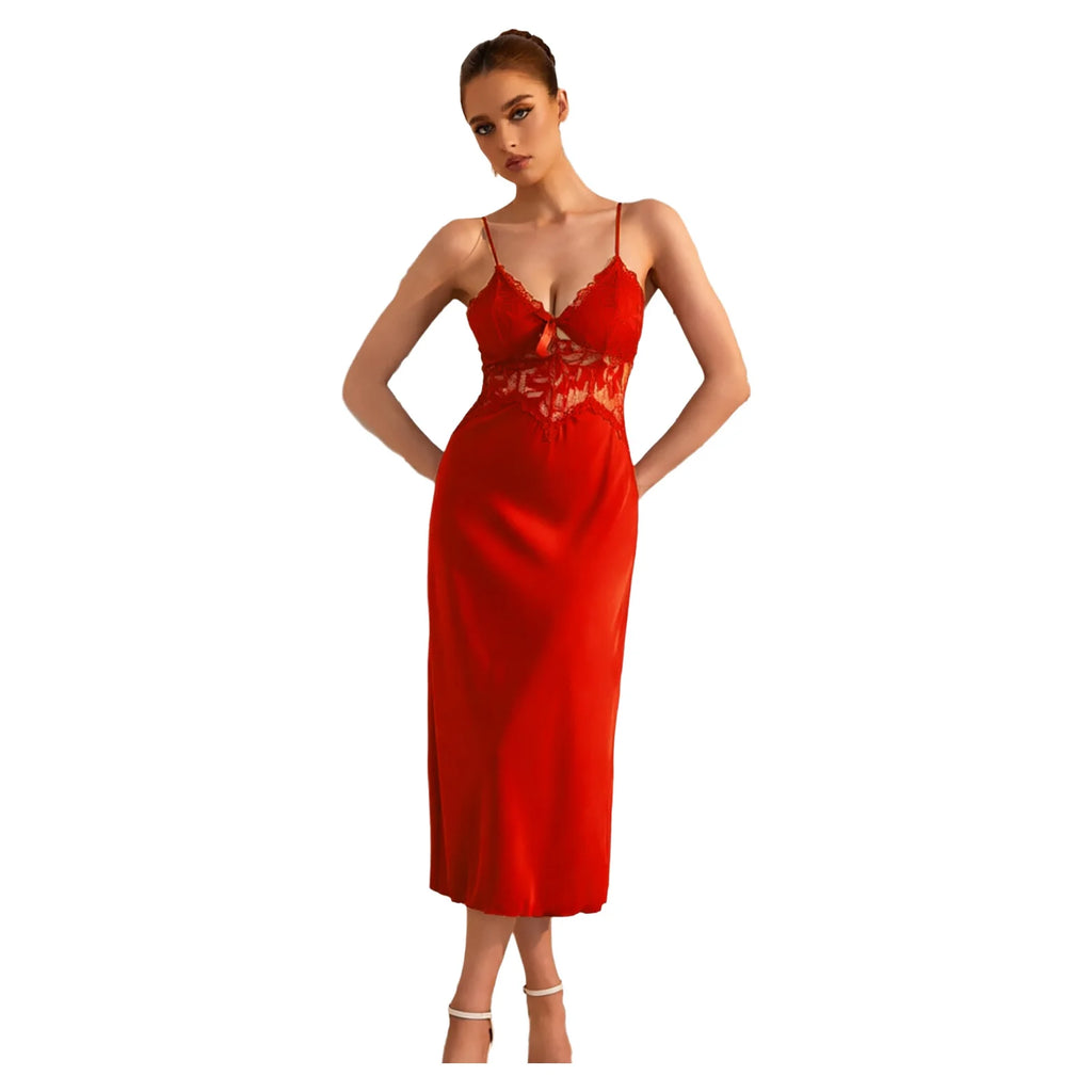 Vibrant Red Satin-Finish Midi Slip Dress with Sheer Lace Midriff