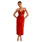 Vibrant Red Satin-Finish Midi Slip Dress with Sheer Lace Midriff
