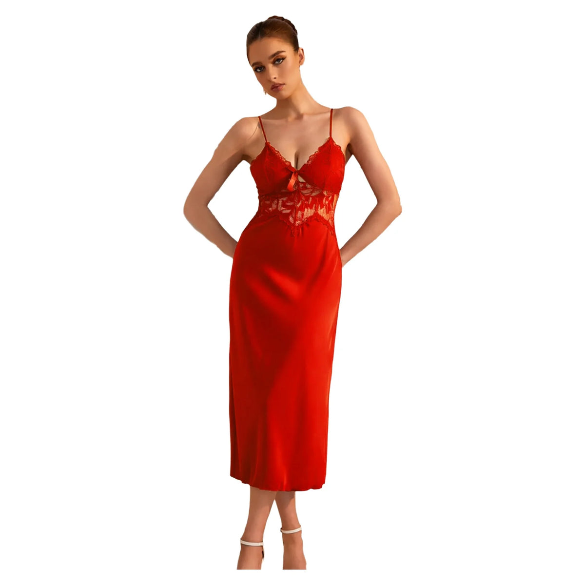 Vibrant Red Satin-Finish Midi Slip Dress with Sheer Lace Midriff