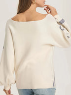 Women's Abstract Pattern Boat Neck Sweater with Relaxed Long Sleeve Fit