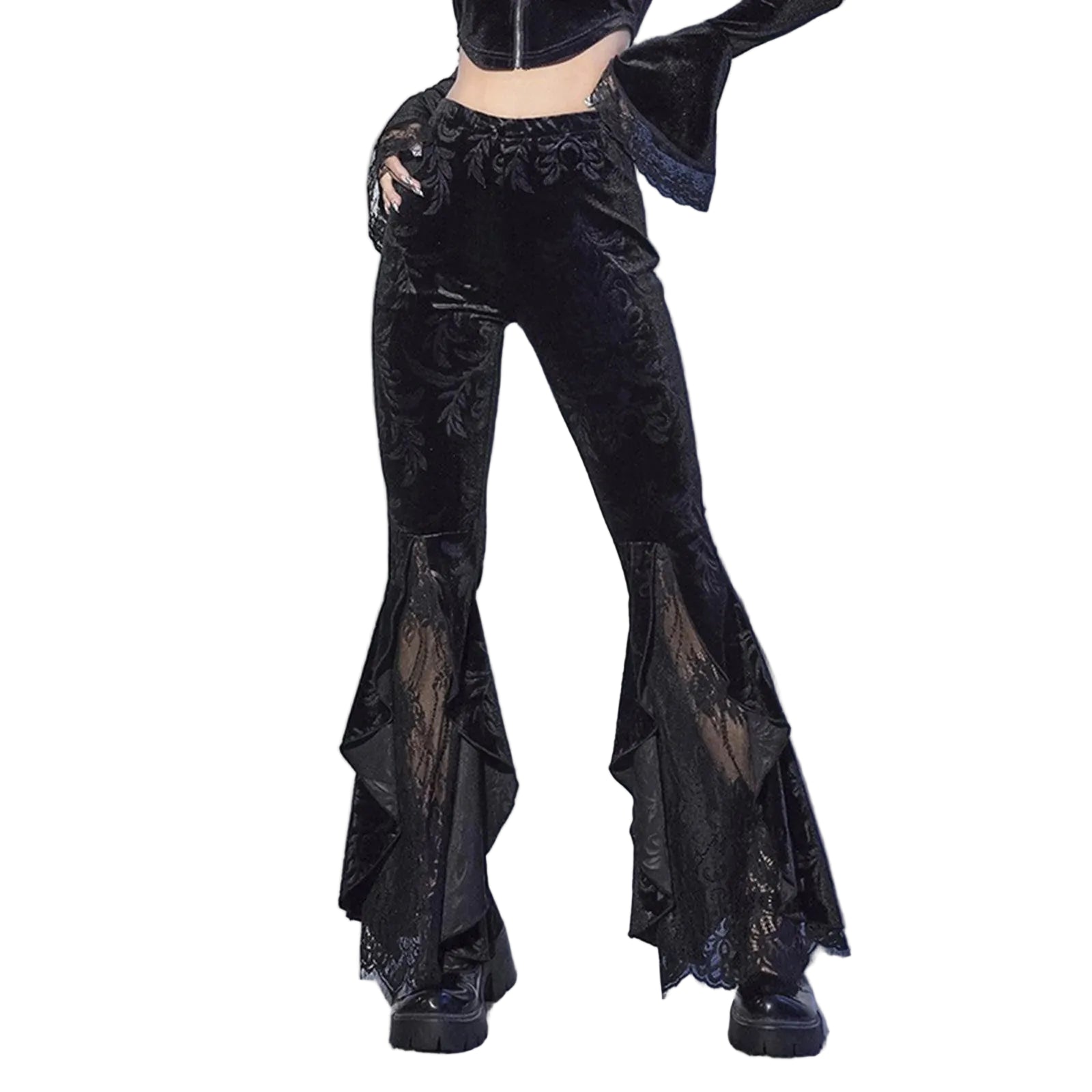 Lace Hem Flared Pants Gothic Inspired Alternative Fashion Statement Bottoms