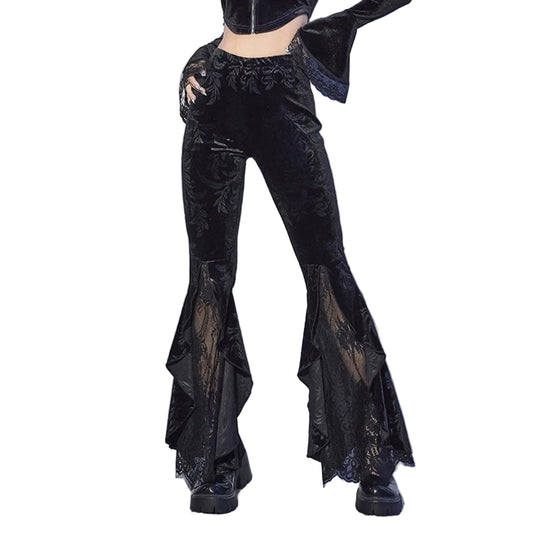 Lace Hem Flared Pants Gothic Inspired Alternative Fashion Statement Bottoms