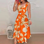 Floral Print Maxi Dress with Belt and Ruffled Swing Silhouette