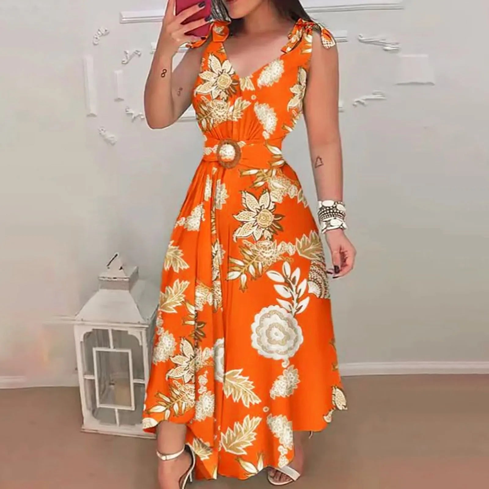 Floral Print Maxi Dress with Belt and Ruffled Swing Silhouette