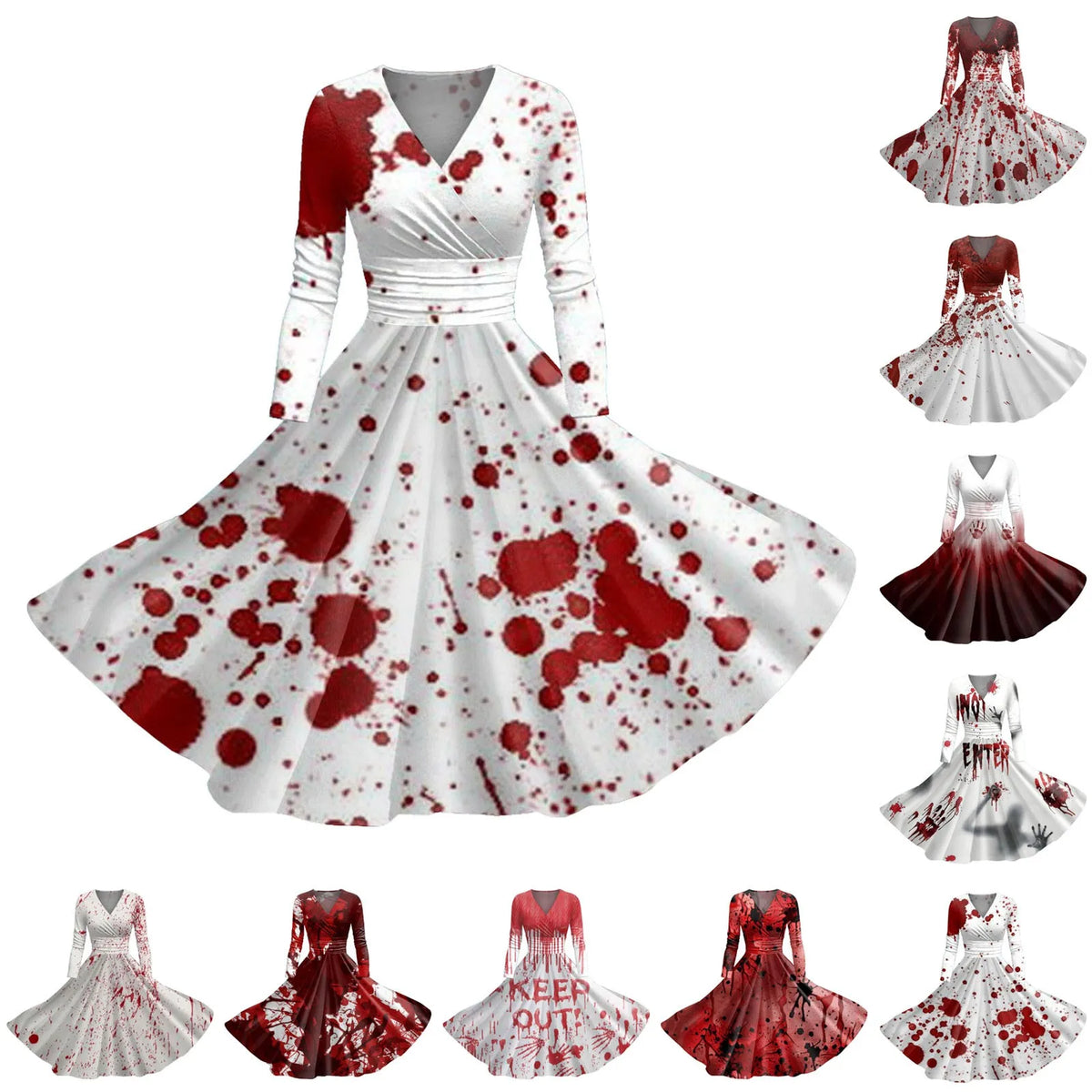 Dark Gothic Blood Print Fit and Flare Alternative Fashion Midi Dress - BigCat Streetwear