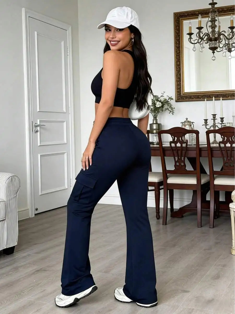 High Waist Cargo Flare Pants with Drawstring Waist Relaxed Streetwear Wide Leg Fit