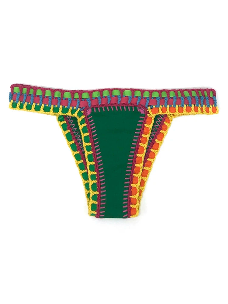 Deep Emerald Green Crochet Bikini Set with Multi-Color Woven Edging