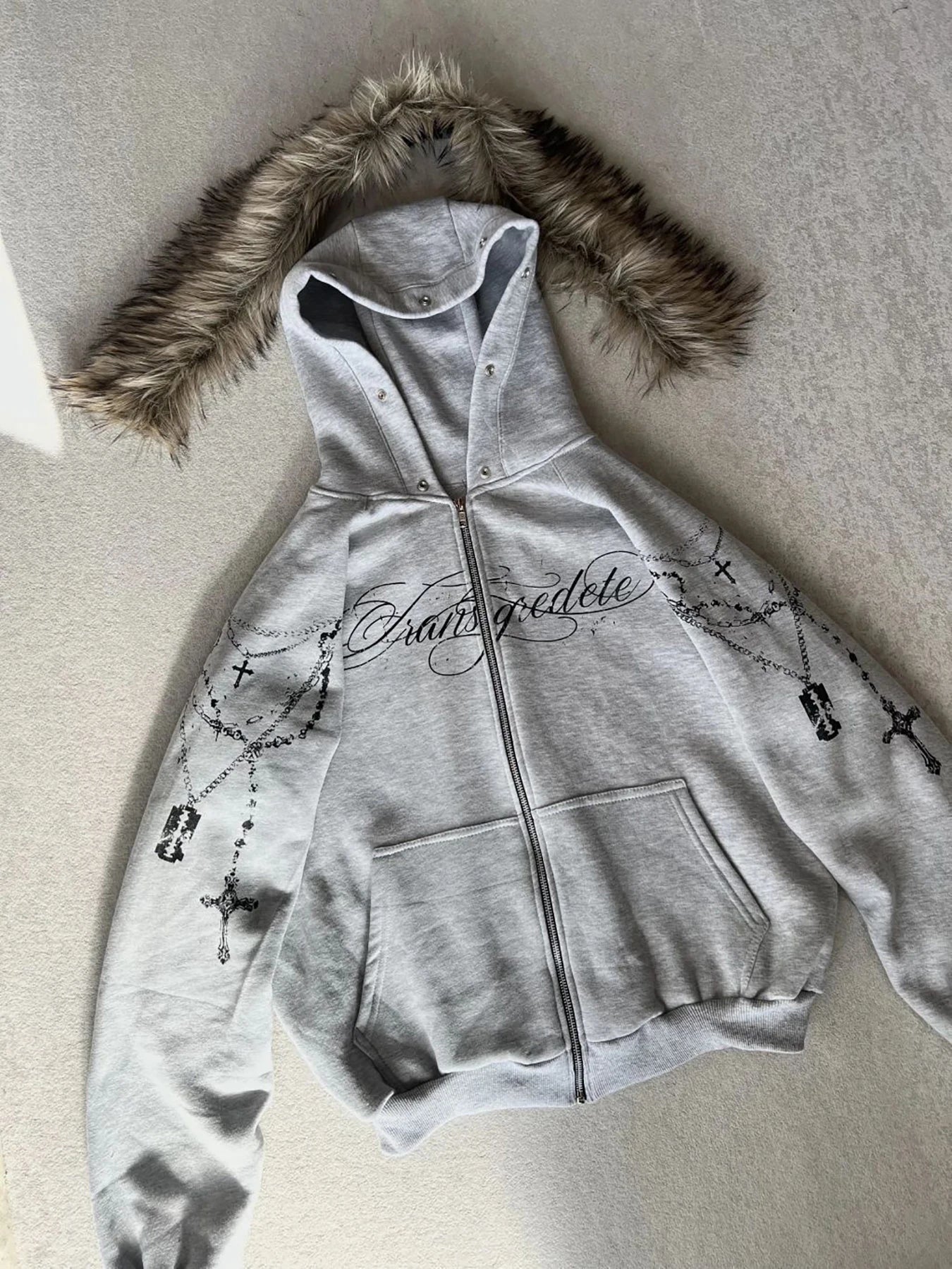 Cropped Anime Goth Zip Hoodie With Distressed Streetwear Aesthetic