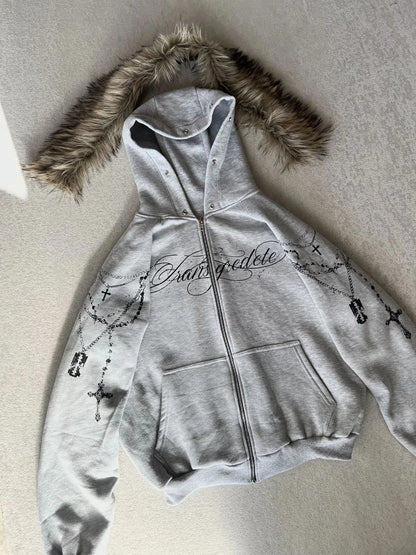Cropped Anime Goth Zip Hoodie With Distressed Streetwear Aesthetic