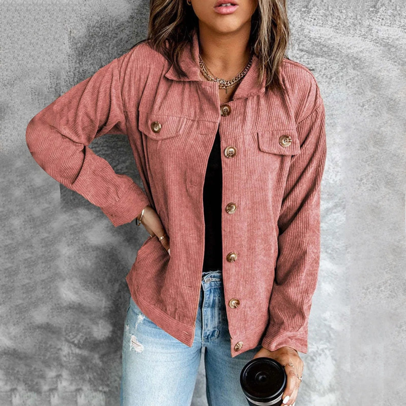 Women's Corduroy Textured Button-Up Jacket Relaxed Casual Streetwear Utility Overshirt