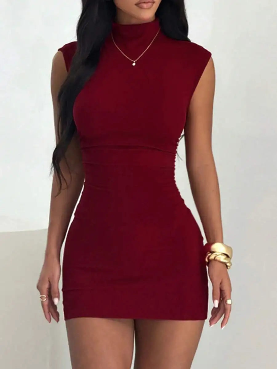 High Neck Sleeveless Bodycon Mini Dress With Sculpted Stretch Fit Design