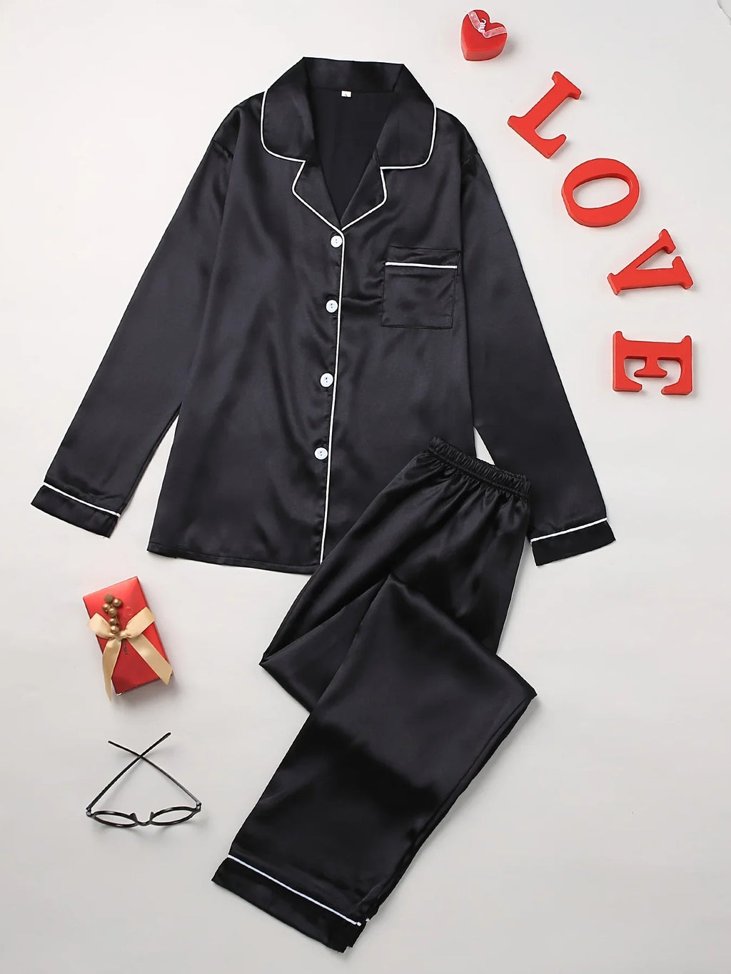 Classic Red Long-Sleeve Pajama Set with Tailored White Piping