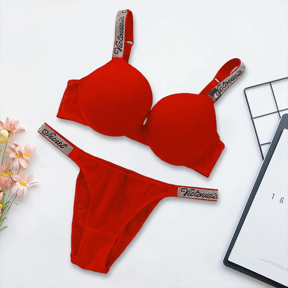 Vivid Contour Underwire Bra and Thong Set with Crystal-Embellished Straps
