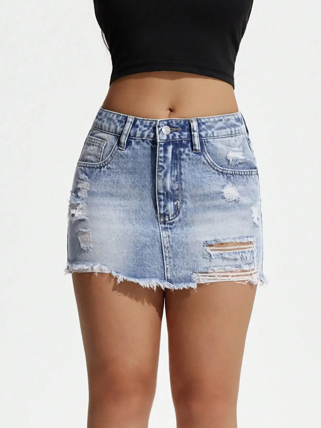 Frayed Hem Distressed Denim Mini Skirt with Pocket Detail Design