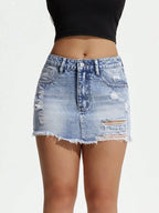 Frayed Hem Distressed Denim Mini Skirt with Pocket Detail Design