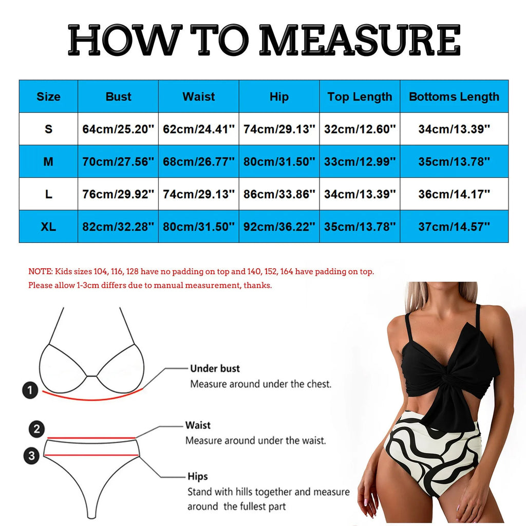 Women's Black Tie-Front Bikini Set with Printed High-Waisted Bottom, Adjustable Halter Styling and Two-Piece Beachwear