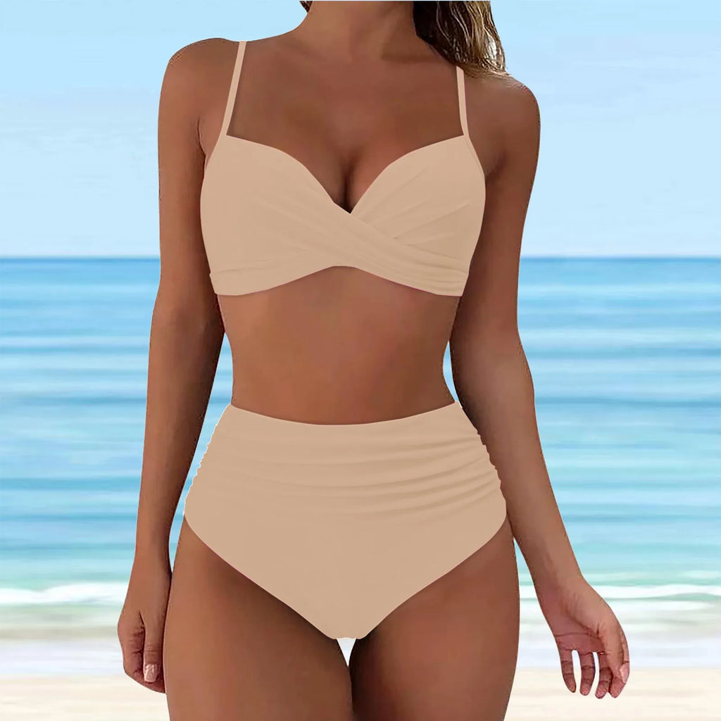 Emerald Green Cross-Front Bikini Set with Ruched High-Waisted Bottoms