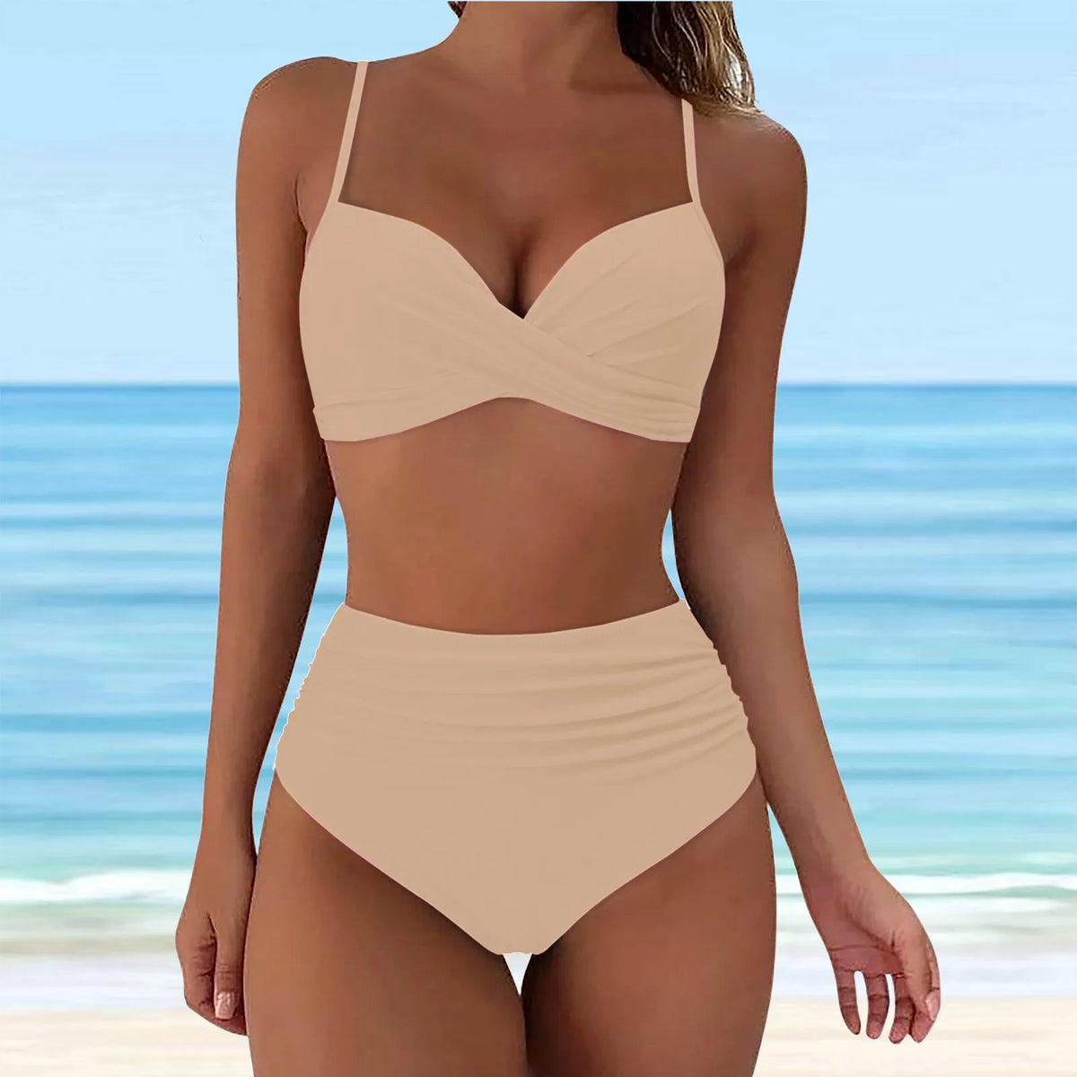Emerald Green Cross-Front Bikini Set with Ruched High-Waisted Bottoms