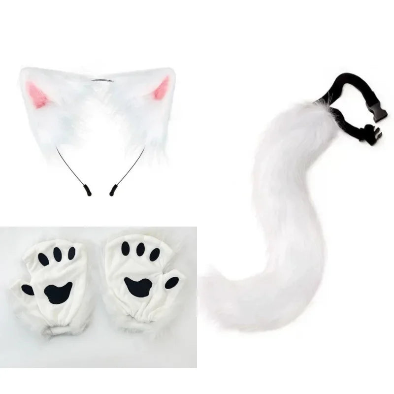 Complete Black and White Fox Maid Cosplay Set with Plush Paws, Tail, and Ear Headband