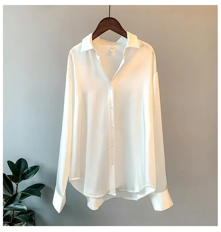 Luminous Satin-Finish Button-Down Blouse with Flowing Drape and Classic Collar